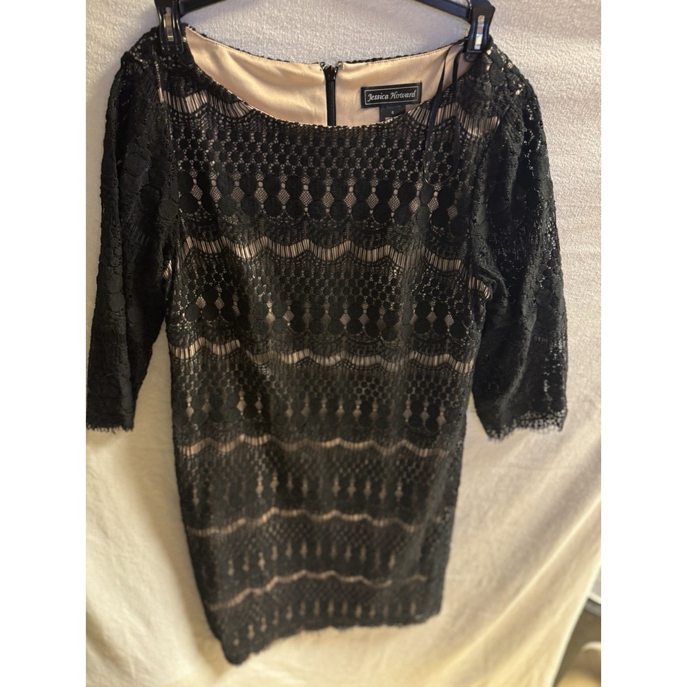 Jessica Howard Womans Black Lace Dress Sz 6 Tan Lining 3/4 Sheer‎ Sleeves Cotton